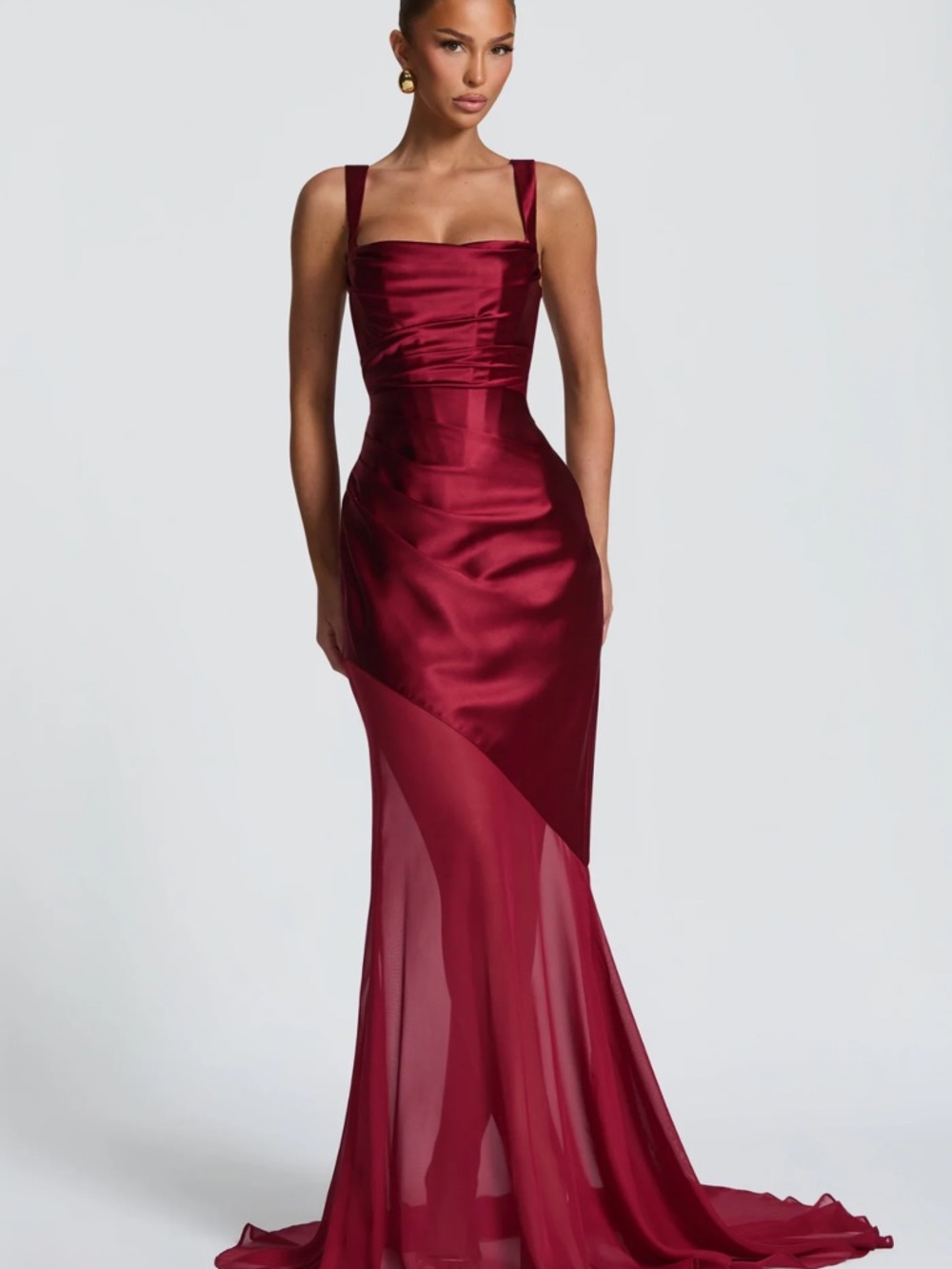 Burgundy Satin & Chiffon Maxi Evening Dress